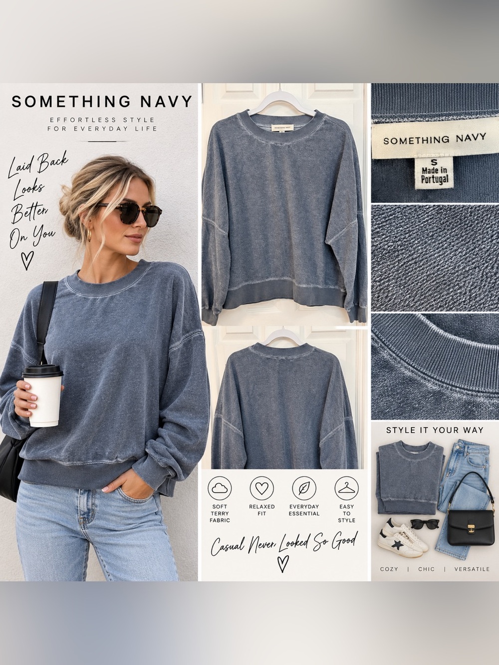 Something Navy Blue Reverse Terry Sweatshirt Size Small Made in Portugal